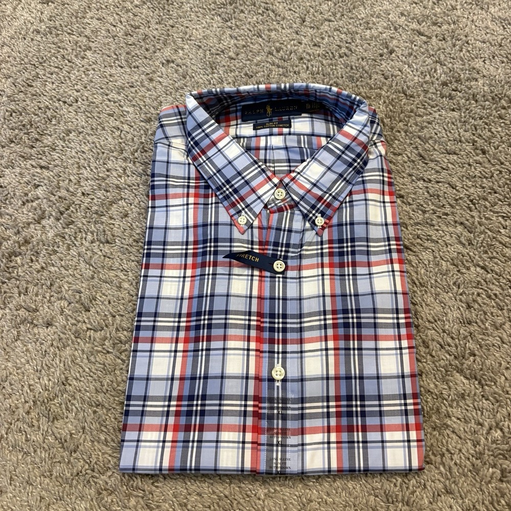 NEW Polo Ralph Lauren Shirt Mens XL Blue Plaid Slim Fit Button Up Stretch READ